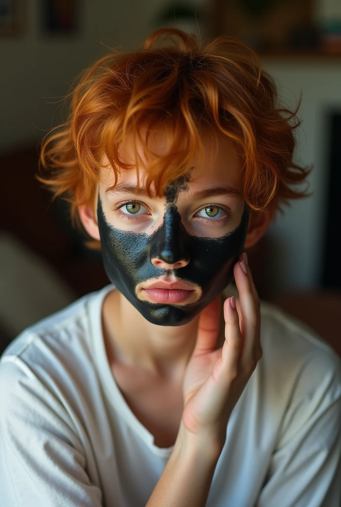 A 15 year old boy. has messy hair, something long, straight and orange colored. has freckles, his somewhat bushy eyebrows and his upturned nose. His eyes are dark black. he has a white shirt. Her skin is pale and she is putting a black facial care mask on her face.. It is very attractive. It's in your living room. He's not looking at the camera