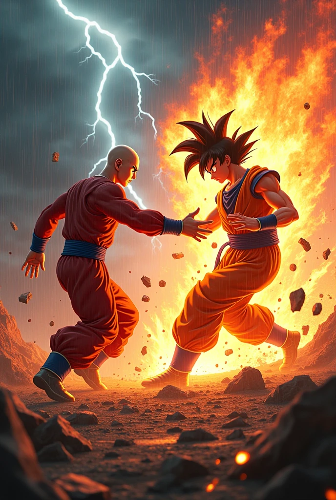 Saitama vs Goku in a rain with hellfire coming out of the ground