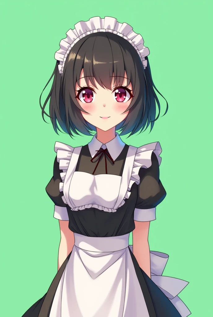 Maid cafe maid with short black hair, Red eyes, a sensual and happy expression, age range between 18 and 26 years, anime style completely in 2D, with pastel colors, with a completely flat and green background
