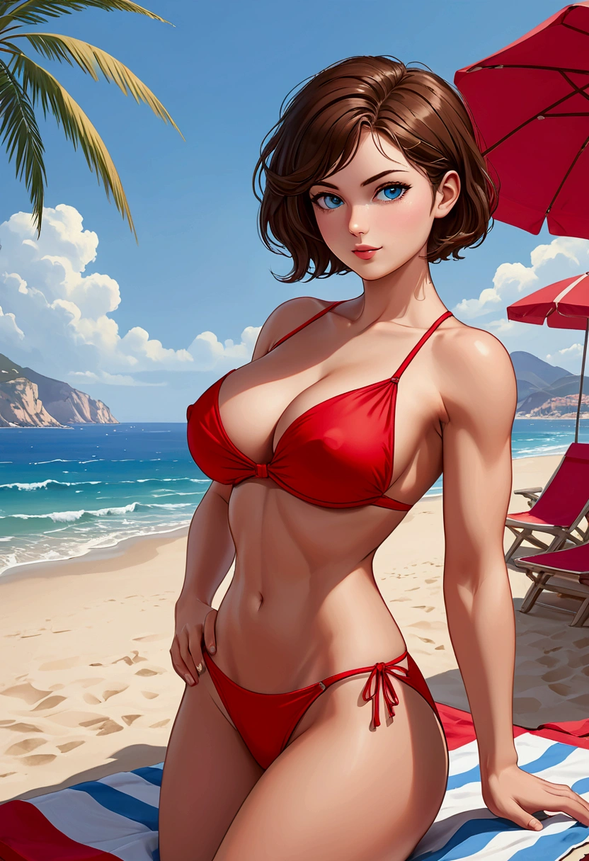 20 years old woman, Short brown hair, Mediterranean with blue eyes, Generous and heavy breasts, slender waist, estomac defini, fesses rebondies et pulpeuses, naturally curved, muscular thighs, aguicheuse, allongée sur une serviette à la plage, en bikini rouge sexy