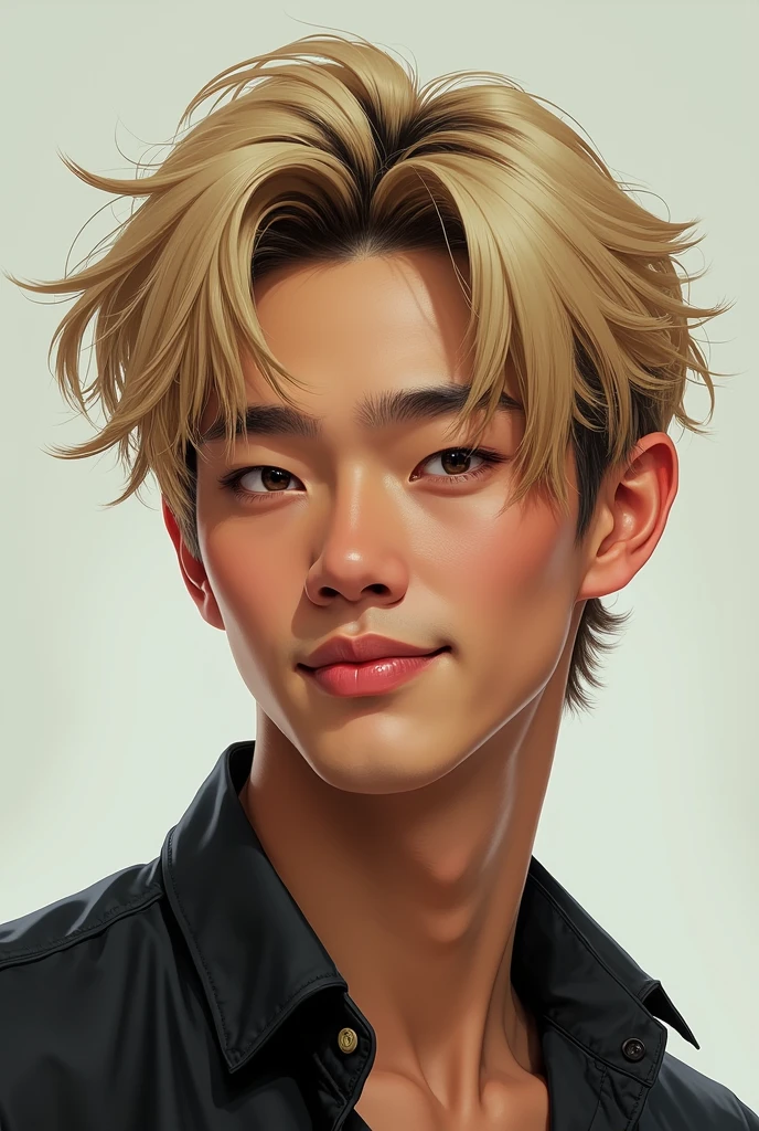 Asian human man with messy blonde straight hair, with a sideways smile, small but tall masculine face with slightly thinner lips