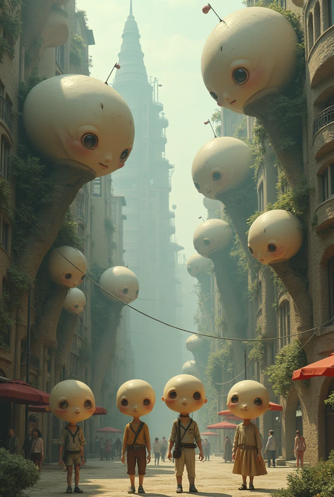 Create a city where there are several short adults with big heads. In this world, people are short and have very big heads.. Make it realistic.
