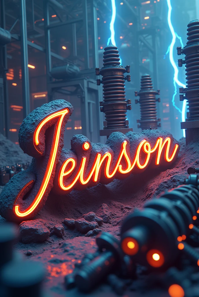 Image with the name jeinnson in cursive letters with a background of electricity transformers 3D art and energy