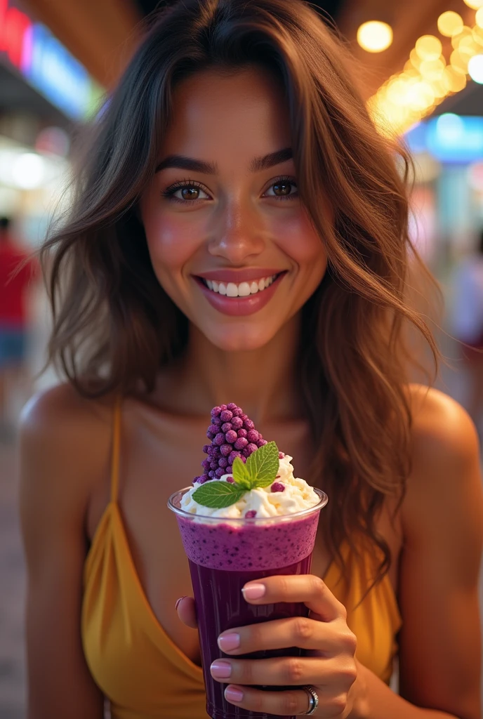 Brazilian woman aged 25 to 35, At the mall brown eye eating acai , ultra HD, high qualiy, best qualityer, high resolution, 8k, 16K