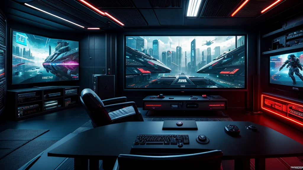 scifi, cyberpunk, futuristic, pc gaming room, hightech, daylight, very cozy, much space, wide angle, a lot of tech, 3 flat monitors, monitor ratio 21:9, monitor size 34 zoll, realistic view, ambient light, chilled ambient, year 2124, cinematic
