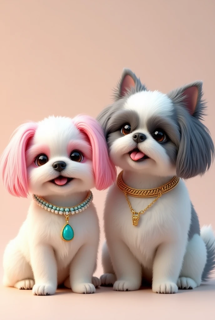 A white shitz tu dog small with a smile and pink dyed down ears and a white and teal beaded necklace. Beside the shitzu is another shitzu he is taller than the other shitzu but he has grayish bluish ears with a dog gold chain. 