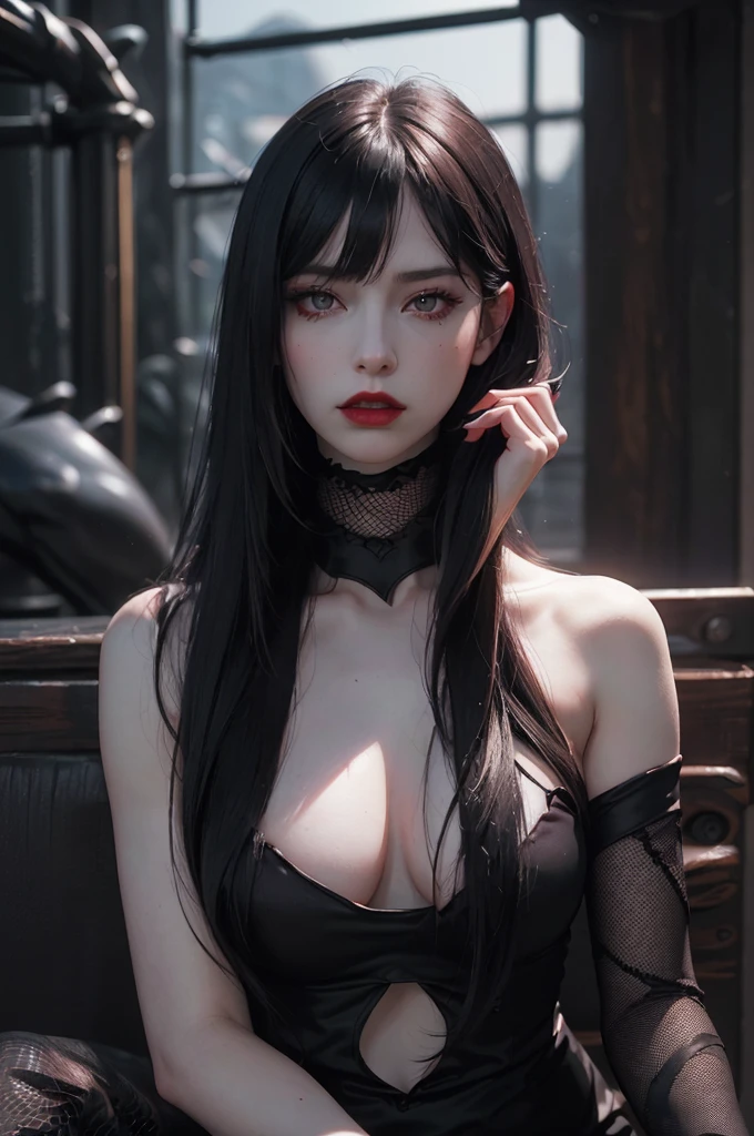 (best quality,\),(realistic:1.37),dark,savage,female, eye,detailed face,black clothes, long black hair,straight bangs,pale skin,red lipstick,Intense expression,mysterious atmosphere,savageic background,dim lighting,night,vivid colors, fish net, topless, full body