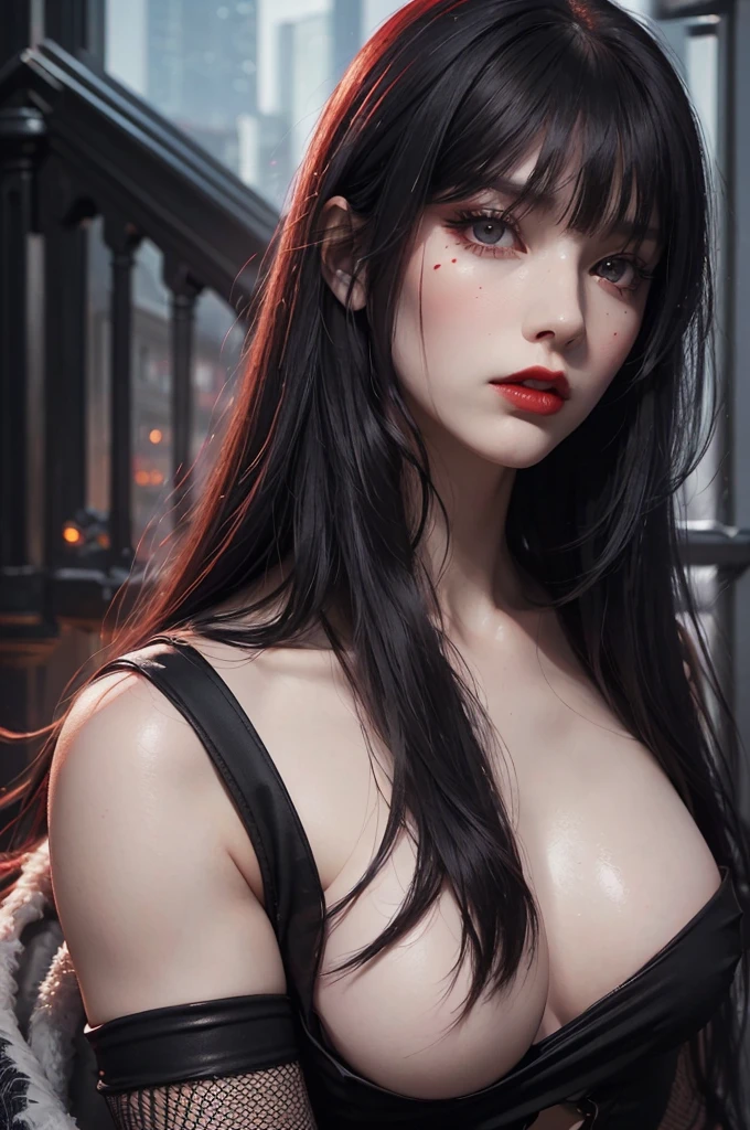 (best quality,\),(realistic:1.37),dark,savage,female, eye,detailed face,black clothes, long black hair,straight bangs,pale skin,red lipstick,Intense expression,mysterious atmosphere,savageic background,dim lighting,night,vivid colors, fish net, topless, full body