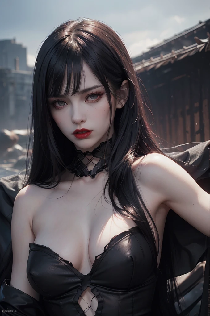 (best quality,\),(realistic:1.37),dark,savage,female, eye,detailed face,black clothes, long black hair,straight bangs,pale skin,red lipstick,Intense expression,mysterious atmosphere,savageic background,dim lighting,night,vivid colors, fish net, topless, full body