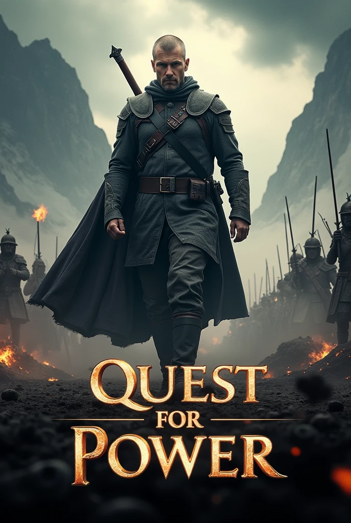 A powerful and realistic Movie poster with the title "QUEST FOR POWER" images and title must be bold and visible with 4K quality.