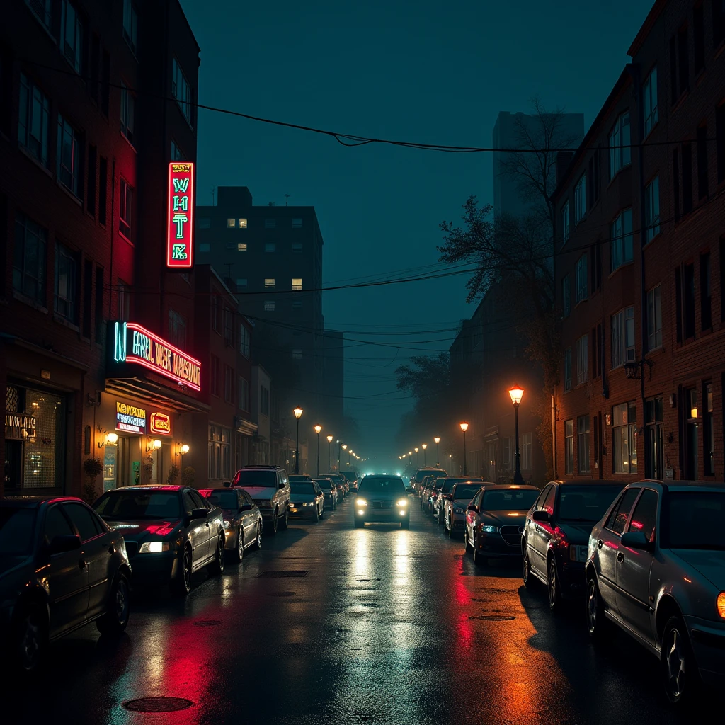 night city , retro , car parked , calm neighberhood ,