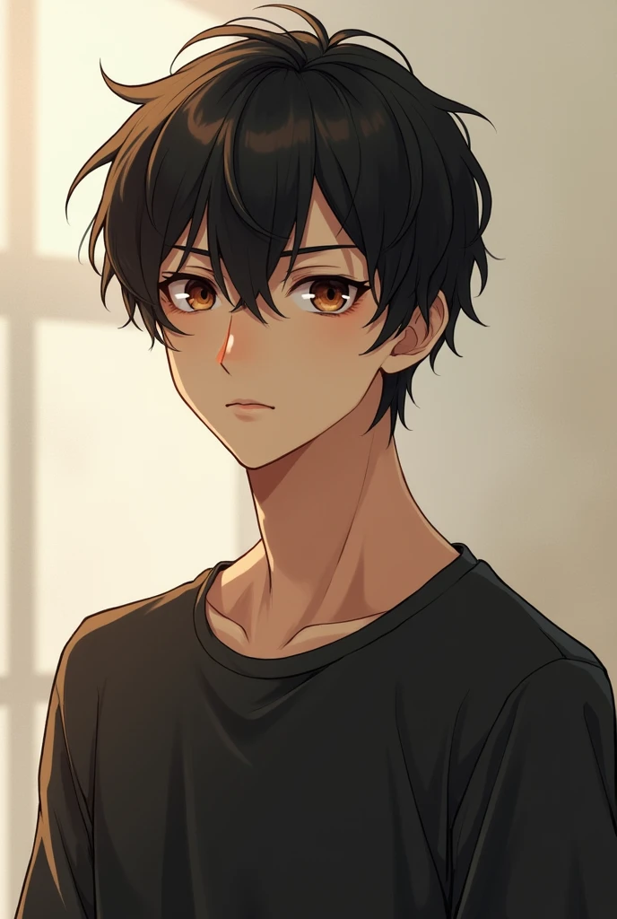 Create an anime character, A young man, blackquality hair, eyes browns, tall and slim , handsome With a serious look , soft painting