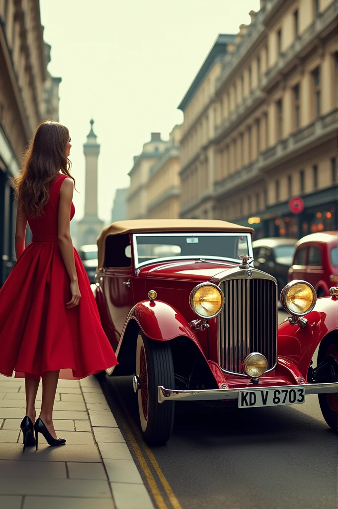 Vintage car on the streets of London with woman in red dress on the sidewalk on the left side