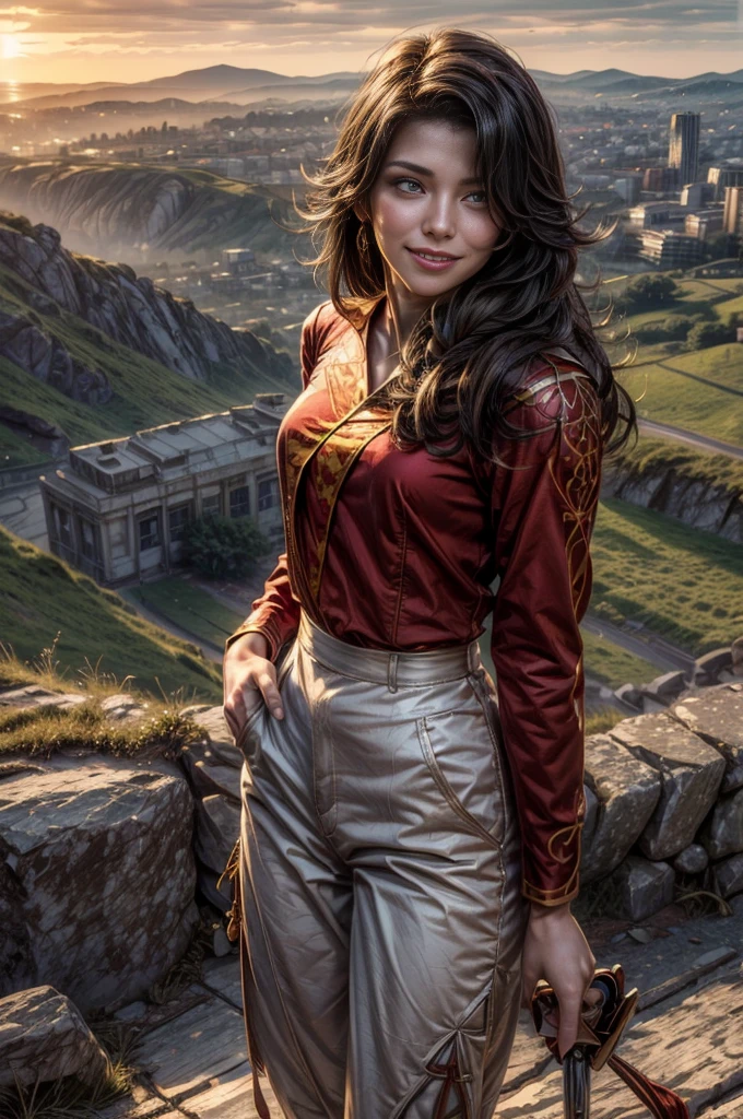 (masterpiece, best quality:1.2), cowboy shot, solo, 1girl, cinder fall, smiling, looking at viewer, long hair, white suit, red shirt, tie, standing on hillside, overlooking burning city, (volumetric lighting), sharp focus, hyper detailed