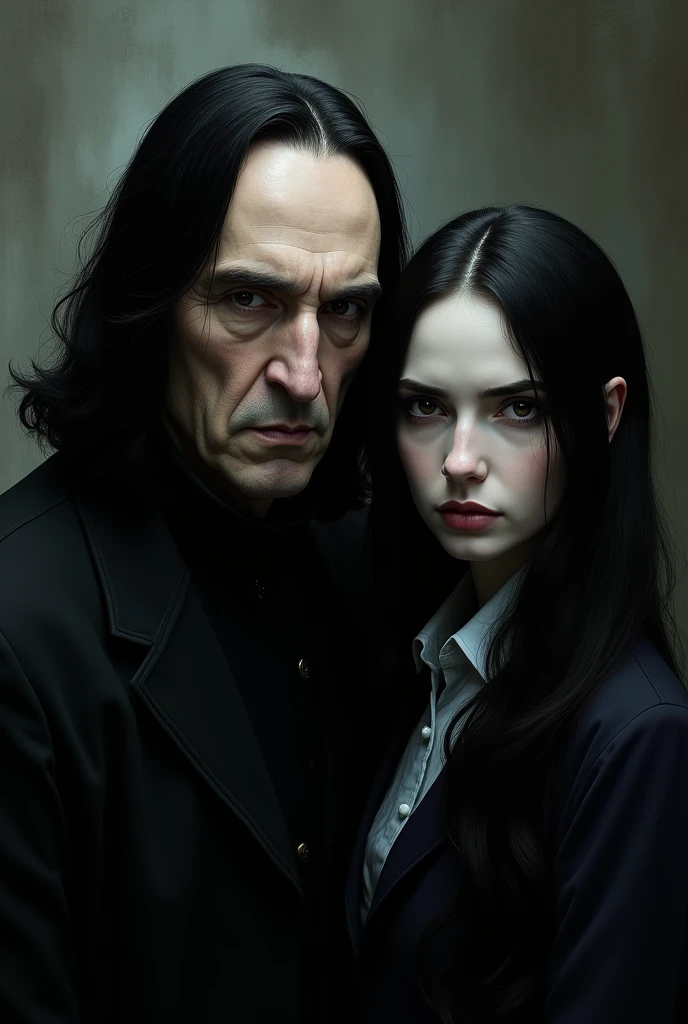 The stern Snape with Wendy Addams facing the camera 
