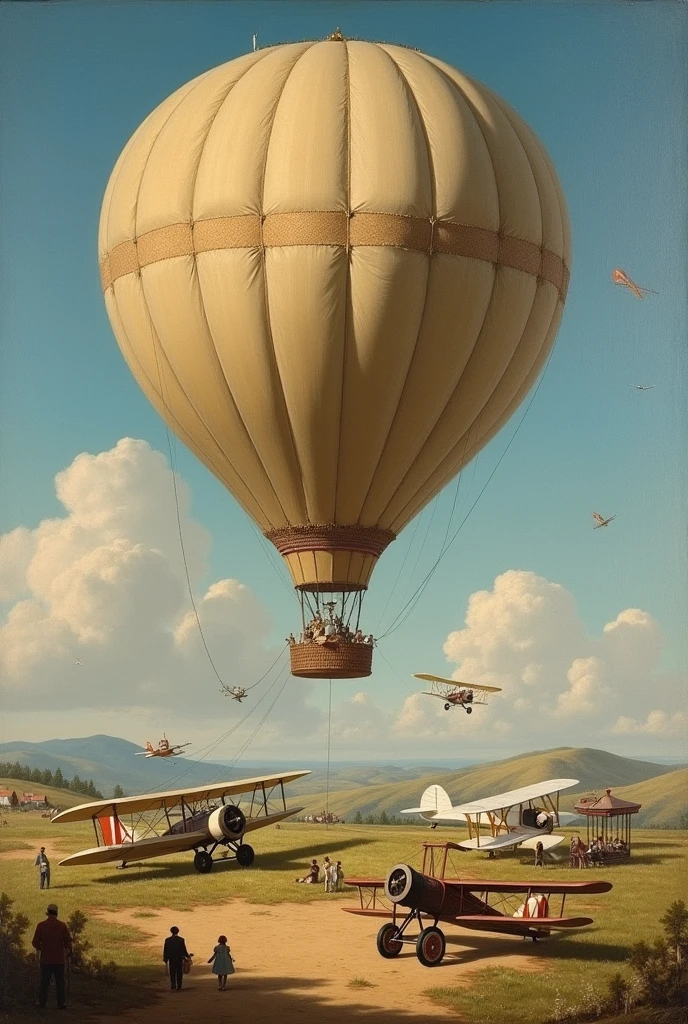 Create a painting depicting an old hot air balloon (18th century balloons), along with the 14-Bis, about Demoiselle and about Fokker DR-2