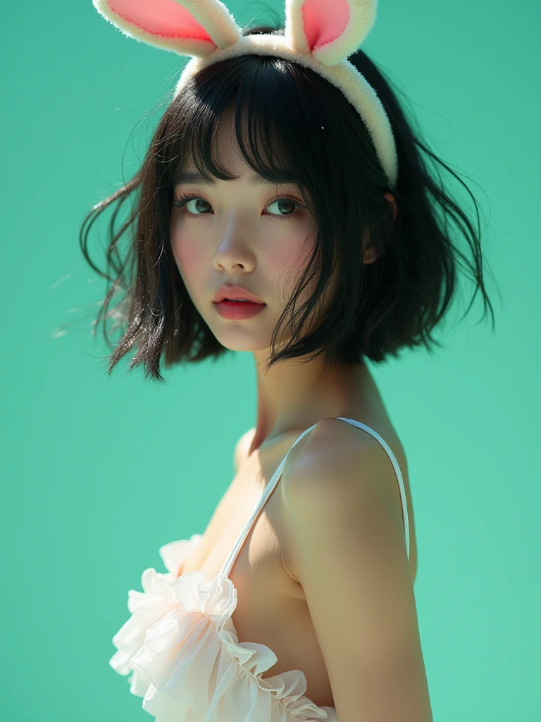 real photograph, (masterpiece), (highest quality), (Super detailed), (messy hair), (shape), (one japanese girl), (chiffon frill bikini), rabit ear, big breasts, Are standing, Fashion Model, (simple cyaan green background), fine and beautiful eyes, pretty faced, floating, (high color saturation), focus on face, black bob cut hair, floating Hairs, (shining), best writing, best shadow,