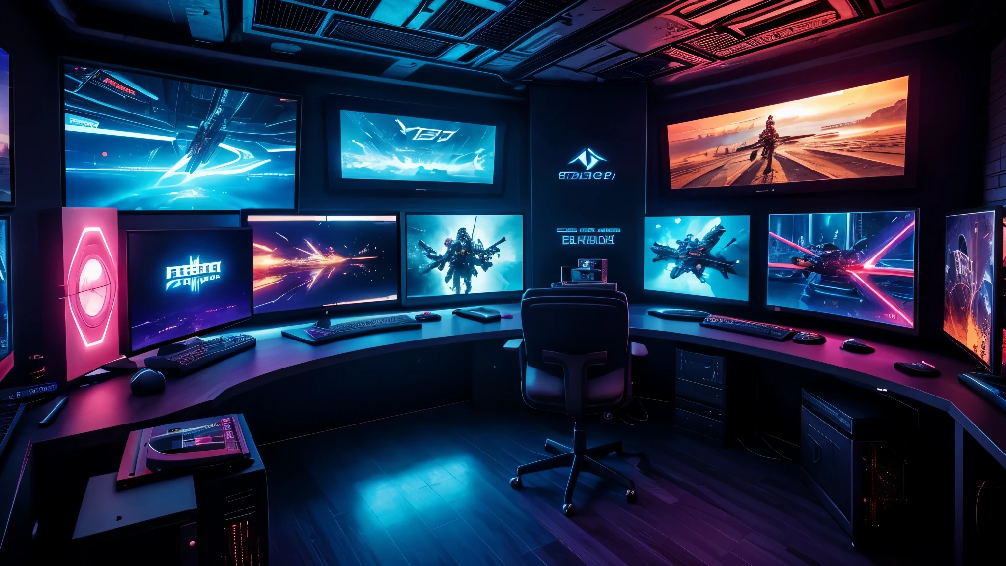 scifi, cyberpunk, futuristic, pc gaming room, hightech, daylight, very cozy, much space, wide angle, a lot of tech, 3 flat monitors, monitor ratio 21:9, monitor size 34 zoll, realistic view, ambient light, chilled ambient, year 2124, cinematic