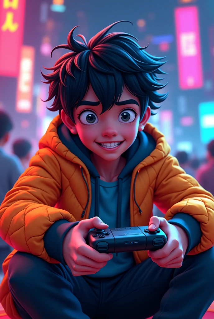 Make a masterpiece,a boy playing his computer Gaming flashy and colorful video games,black hair,neon jacket,Dark pant,funny expression,with a console controller.