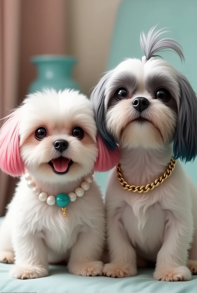 A white shitz tu dog small with a smile and pink dyed down ears and a white and teal beaded necklace. Beside the shitzu is another shitzu he is taller than the other shitzu but he has grayish bluish down ears with a dog gold chain.