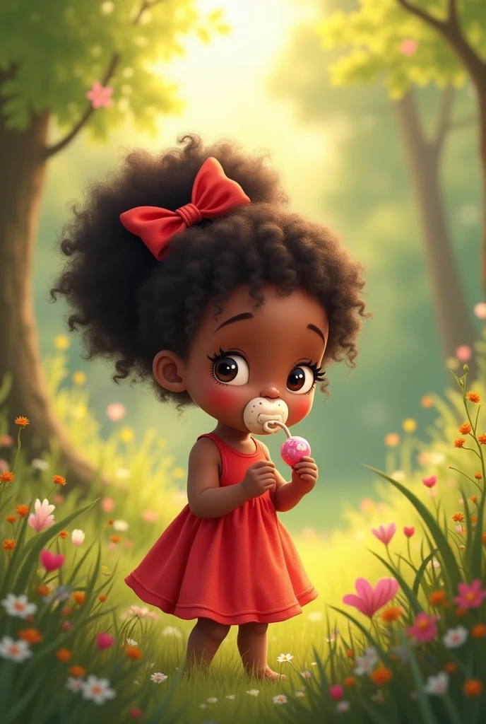 5 year old black girl with a pacifier, with red dress, red bow on head, playing in the middle of nature, eating candy