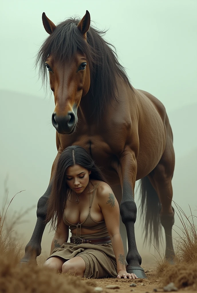 Horse,facesitting, girl, butt, horse sitting on girl's head. Horse using the girl as a seat. Feral sitting on human.