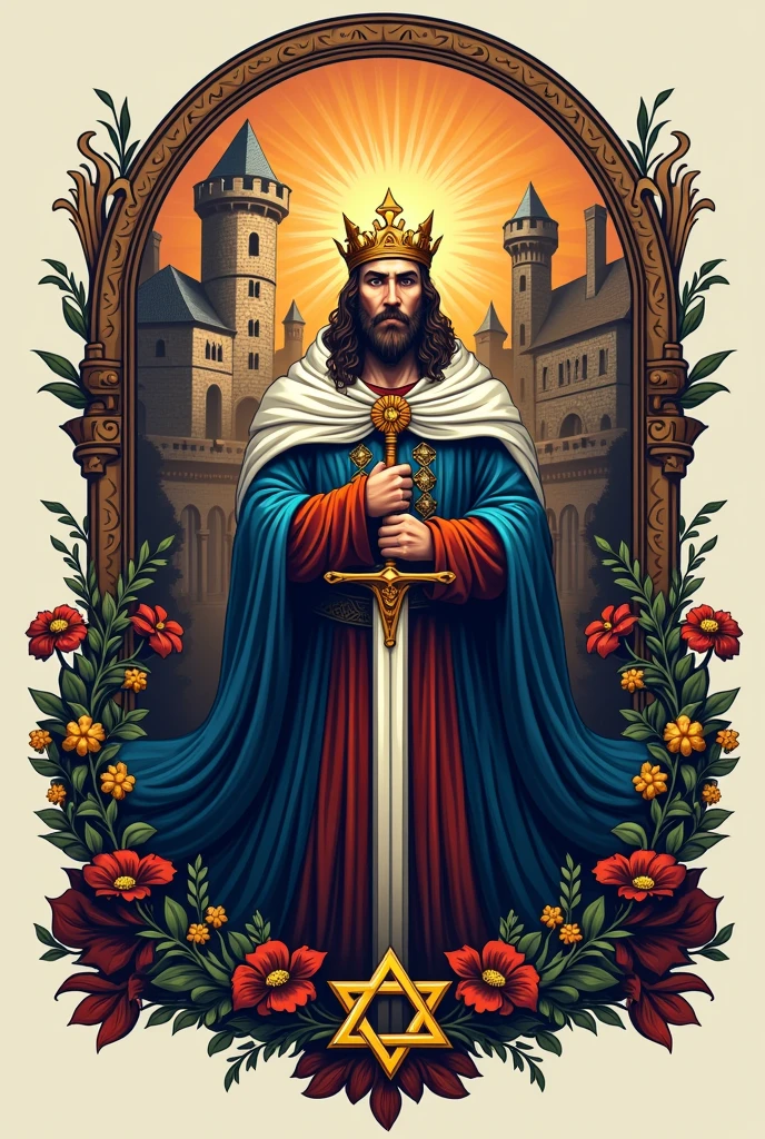 A logo with a king,castillo,sword,king solomon star