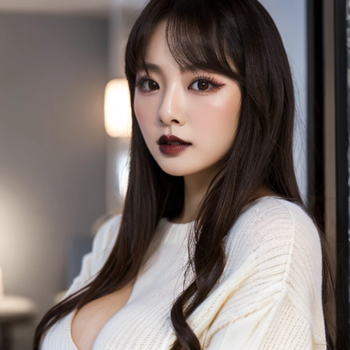 score_9, score_8_up, score_7_up, 1girl,solo, upper body,looking at viewer, white background, voluminous long hair, dark hair, makeup , parted lips, black lips, eyeliner, hitomitanaka, goth woman, gigantic breasts:1, sweater