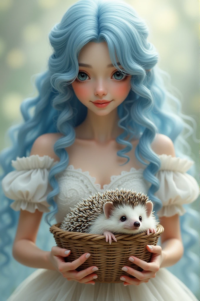 Woman with long blue curly hair, smiling lips, looking forward, wearing a white floral princess dress, a hedgehog in a basket