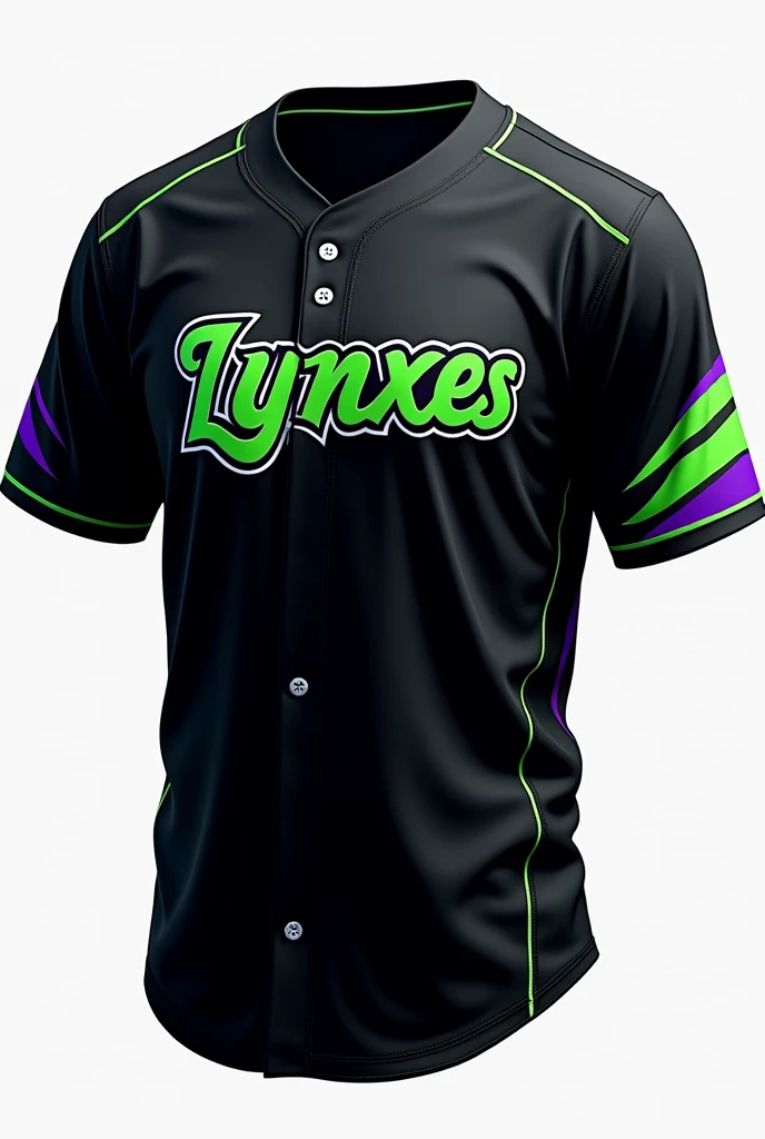 Create a black baseball jersey, with details in green and purple, in front that says "Lynxes"