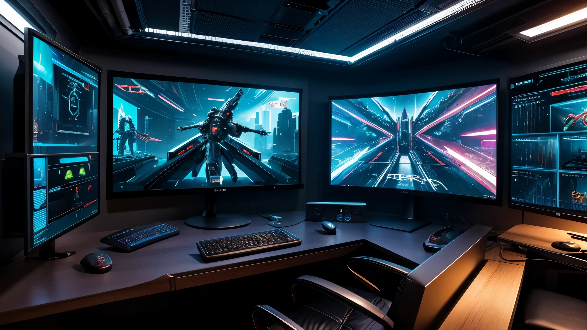 scifi, cyberpunk, futuristic, pc gaming room, hightech, daylight, very cozy, much space, wide angle, a lot of tech, 3 flat monitors, monitor ratio 21:9, monitor size 34 zoll, realistic view, ambient light, chilled ambient, year 2124, cinematic