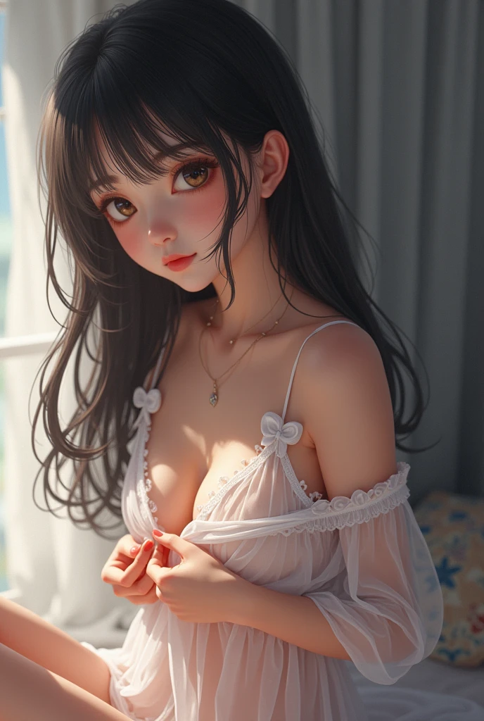 2.5th Dimension, Japanese beautiful girl, Middle school students,Straight hair quality, Chest 88cm, Thin waist, Long, slender legs, Thin arms, Sheer nightgown, blush, She is opening her cleavage with her hands, 