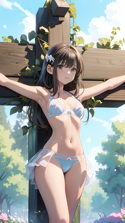 Highest quality，masterpiece，8k，Open your feet wide、(Beautiful woman)，((Transparent high-cut underwear torn to shreds))、一人のBeautiful woman，((Crucifixion))，cross，(execution)，incontinence，Scared，，slave，(sにCrucifixionにされた女性：1.5))