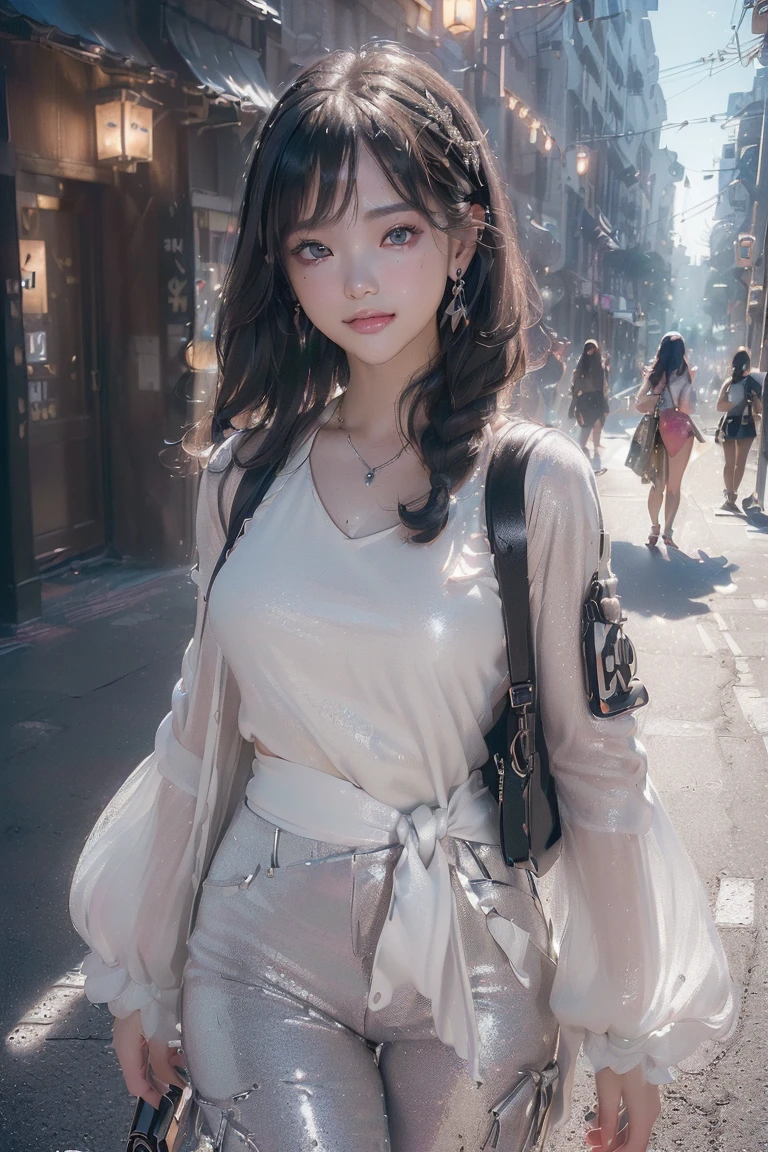 (((top-quality, 8K,超A high resolution、ultra-detailliert))),1girl in,female high-school student,a beauty girl,Street attire,(( t, silver pants, white top 、(( )、( light black hair,Colorful Extended Hair),perfectbody,skinny, Tied waist,Beautiful face, acurate, Anatomically correct, Highly detailed face and skin texture, Big eyes drawn in detail, Double eyelids, Thin eyebrows, Glitter Eyeliner: 1 Natural cheeks, Glossy skin, Fair skin: 1.2, (Glossy lips: 1.4),Highly detailed facial and skin texture, Detailed eyes, Double eyelids, Natural cheeks, , shiny lips: 1.4,Simple necklace and earrings,Smile and watch the viewer,Walking in the city, 【Not blurry,profetional lighting,Professional effects、(masutepiece: 1.3), (max resolution: 1.2), (Ultra HDTV: 1.2),octanerender, Fujifilm X100, Intense cinematic shots, Shallow depth of field, Volumetric lighting, kintsugi,(8K、Raw photography、masterpiece:1.4)、(realisitic、Photorealsitic:1.37)、Shot with CineStill 800T、(Extreme top quality:1.3)、((depth of fields:))、absurderes、(超A high resolution、extremery detailed CG、hight resolution、realisitic、ultra-detailliert、a picture、A hyper-realistic、ultra-detailliert、Cinematic atmosphere、8K UHD、insanely detaileda、trending on artstationh、awardwinning photo、extremely detailed photo、hight resolution:1.5)】No tags or text