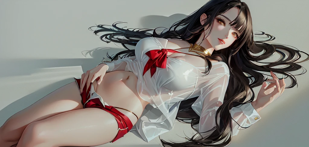 (work of art, best qualityer, 4k hd, ) a woman lying on her stomach, sultry posing, pose de anime, shadowing!!!, estilo de anime drawing, with out shadowing, outlined!!!, , badass pose, Approximate sketch, anime drawing, anime girl lying down, long hair, black hair with white highlights, layered hairstyle, affectionate smile, gentle look, gold eyes, fine lips, red lipgloss stick, perfectbody, firm bust, bountiful breasts, short shorts that are tight to the body, sexy shorts, Blusa social de it, low-cut blouse, thin fabric blouse, almost transparent blouse, glued blouse, long neckline, Loose Tie, slim body, sultry body, attractive body