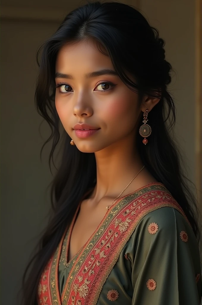 A dark haired girl, brown skin, and a traditional style of dress.