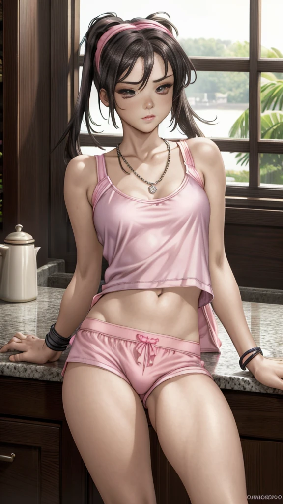 masterpiece, high detailed picture, high quality picture, 16k, 1 girl, wearing very small pink pajama shorts and pajama tank top, pink thighhighs, leaning against a kitchen counter, long black hair, two thin pigtails, necklaces, bracelets, looking straight at viewer, accurate hands and fingers, face, 21thshirow