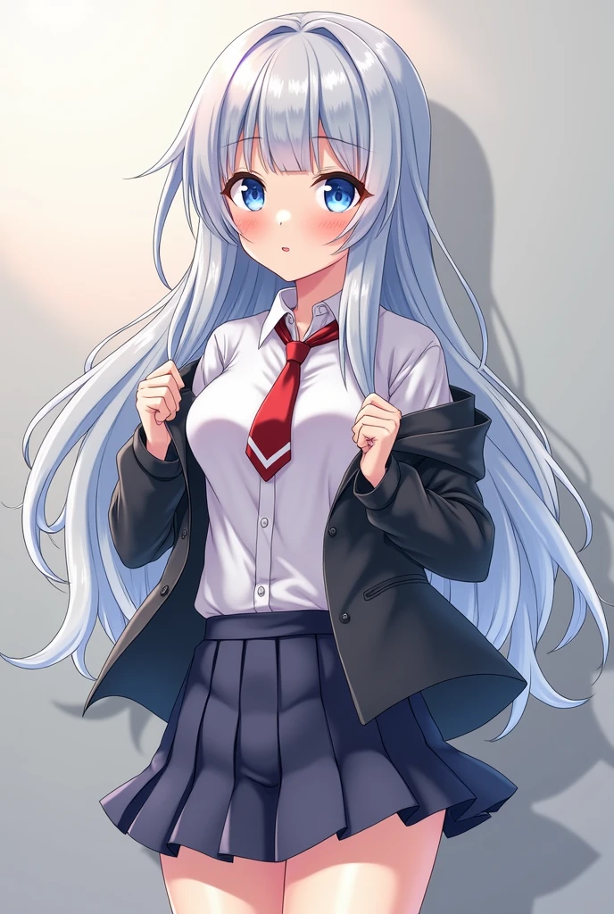 Generates a girl with silver hair and blue eyes, with big thighs and a good waist and good chest, in a school uniform and with her breasts out, and in a sexy position and unbuttoning his shirt so that they can see more of his anime version of his chest