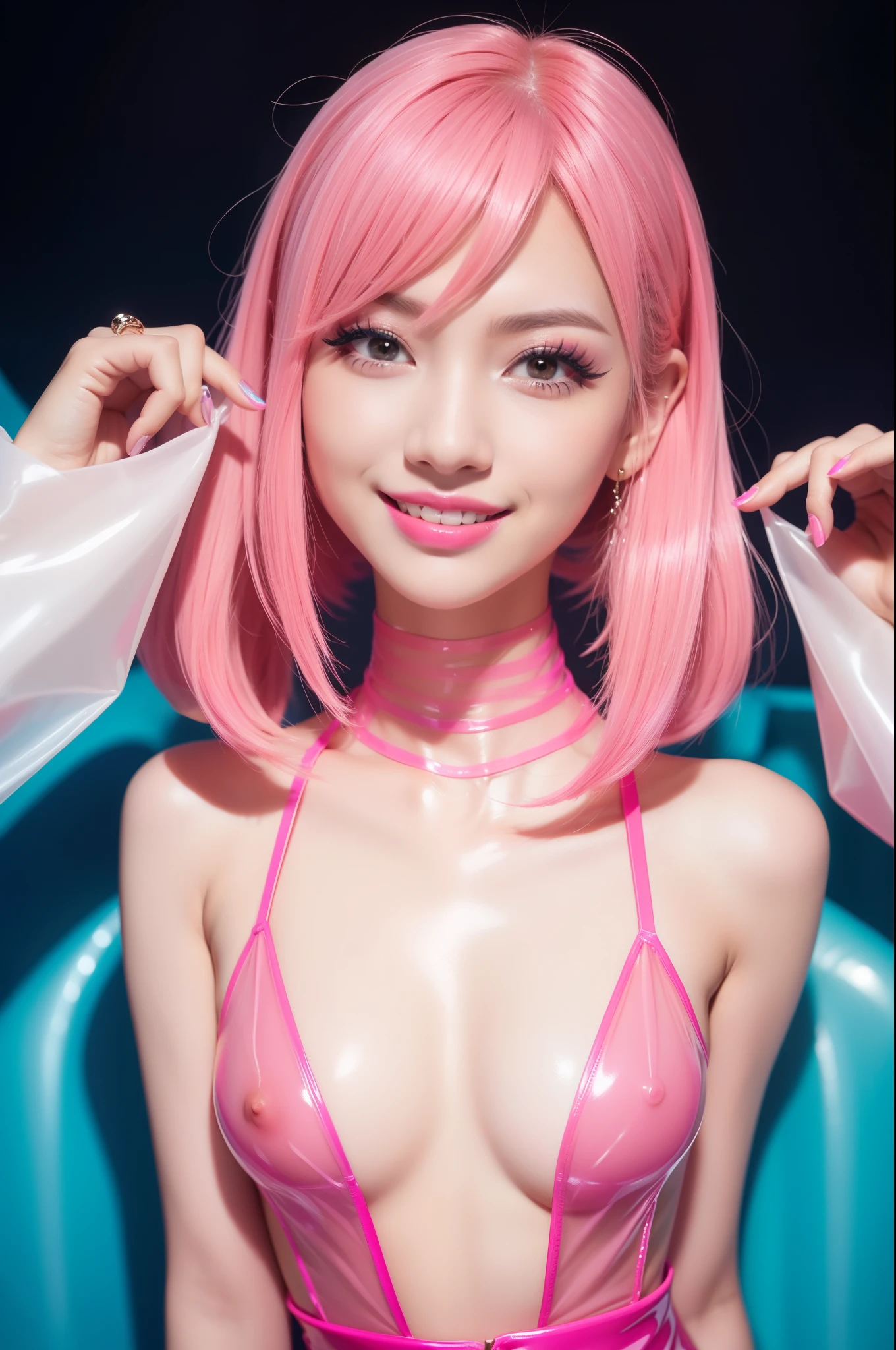nsfw、sexy stylish female idol、glossy transparent lipstick、smiling face、defined eyebrows、ultra detailed bright makeup、very long lashes、full body Esbian、sheer latex dress(neon pink)、Colorful hair