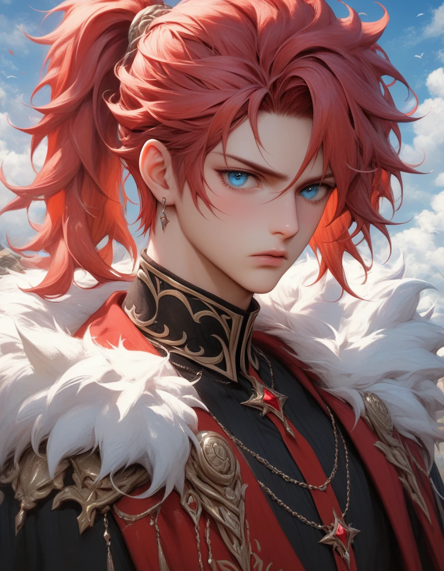 A man with red hair and black clothes, Beautiful face, blue eyes, very detailed young anime, Manga wallpaper 4k, anime boy, detailed drawing of an anime character, elements of shabby armor, fluffy shoulder length hair, half of the hair is tied in a shot ponytail, Frowning