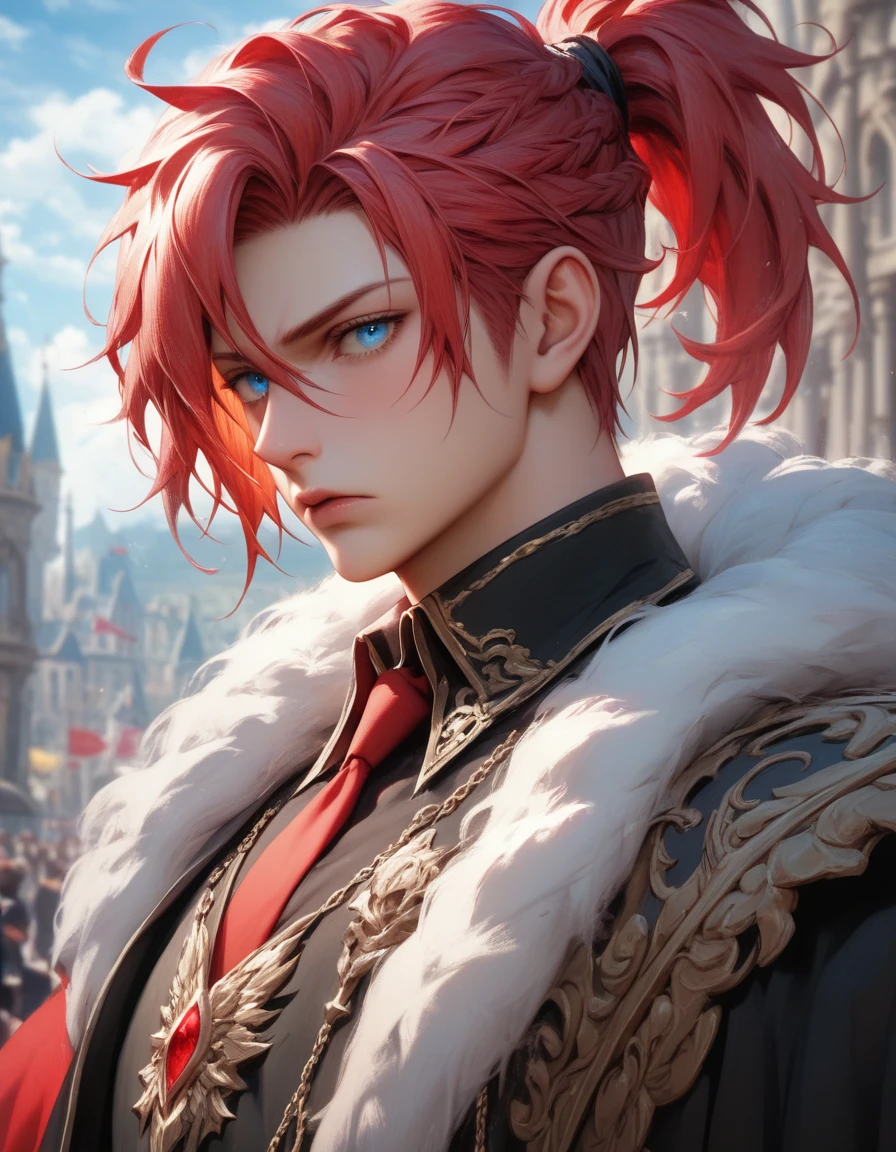 A man with red hair and black clothes, Beautiful face, blue eyes, very detailed young anime, Manga wallpaper 4k, anime boy, detailed drawing of an anime character, elements of shabby armor, fluffy shoulder length hair, half of the hair is tied in a shot ponytail, Frowning