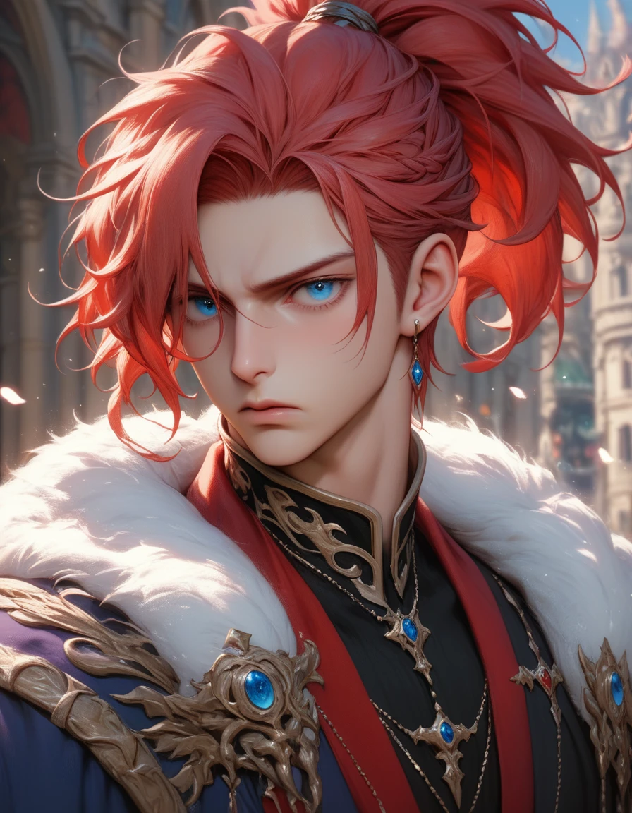 A man with red hair and black clothes, Beautiful face, blue eyes, very detailed young anime, Manga wallpaper 4k, anime boy, detailed drawing of an anime character, elements of shabby armor, fluffy shoulder length hair, half of the hair is tied in a shot ponytail, Frowning
