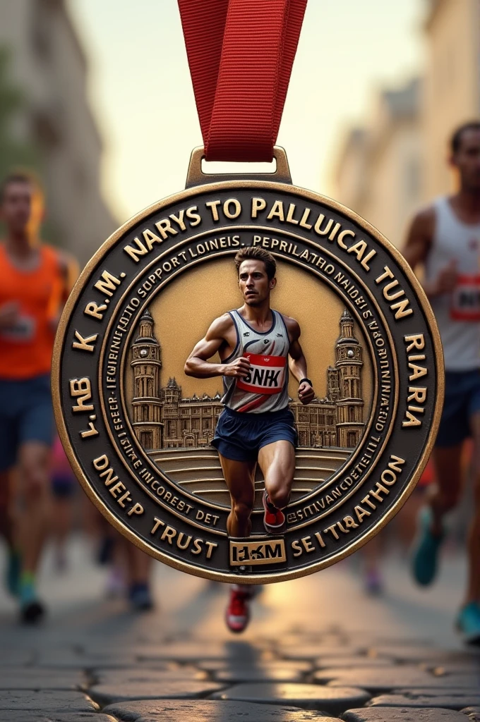 A running medal celebrating 42k for Larry and with this text: Support, sincerity, trust, determination, patience and lots of fun