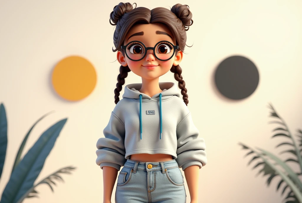 Create a highly detailed 3D illustration of a young female character with an environmental and modern look. She has curly brown hair styled in two braids that crown her head, large, expressive brown eyes, and wears round glasses. The character has a warm skin tone and is dressed in a casual outfit featuring a light gray short sweatshirt with blue drawstrings and a small logo on the chest. She also wears high-waisted, light-colored jeans with visible seams. A character smiles gently, looking straight ahead, with a relaxed and confident posture. The background should be minimalist and modern, incorporating abstract shapes in neutral tones (white, gray and black) with a subtle touch of mustard yellow. The image should convey a feeling of accessibility, creativity and modernity.