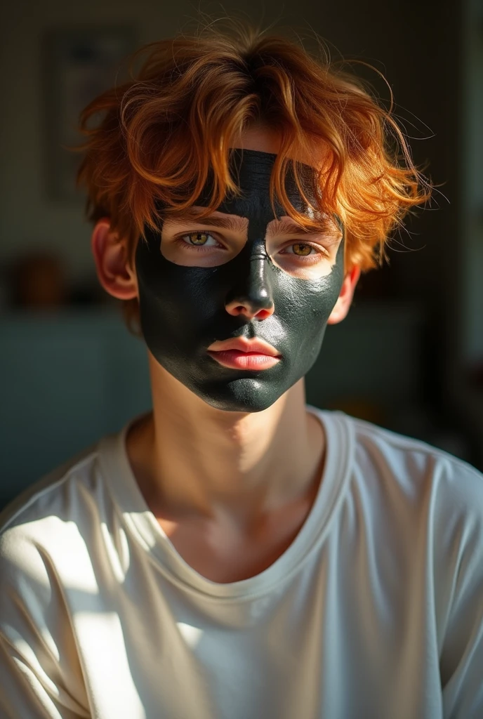 A 15 year old boy. has messy hair, something long, straight and orange colored. has freckles, his somewhat bushy eyebrows and his upturned nose. His eyes are dark black. he has a white shirt. Her skin is pale and she is putting a black facial care mask on her face.. It is very attractive. It&#39;s in your living room. He&#39;s not looking at the camera