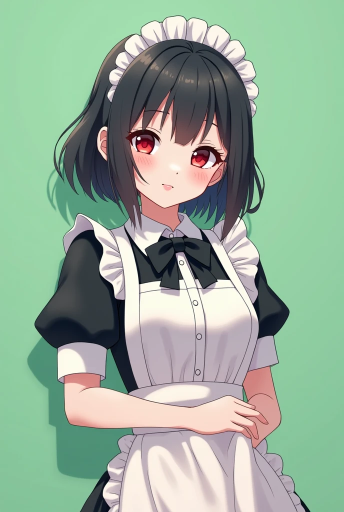 Maid cafe maid with short black hair, Red eyes, a sensual and happy expression, age range between 18 and 26 years, anime style completely in 2D, with pastel colors, with a completely flat and green background