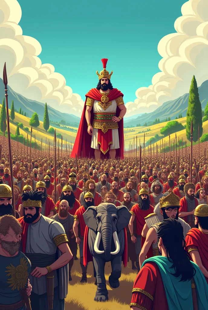 a drawning image with a enormous persian king Xerxes' Army in a cartoon kids style with black outlines