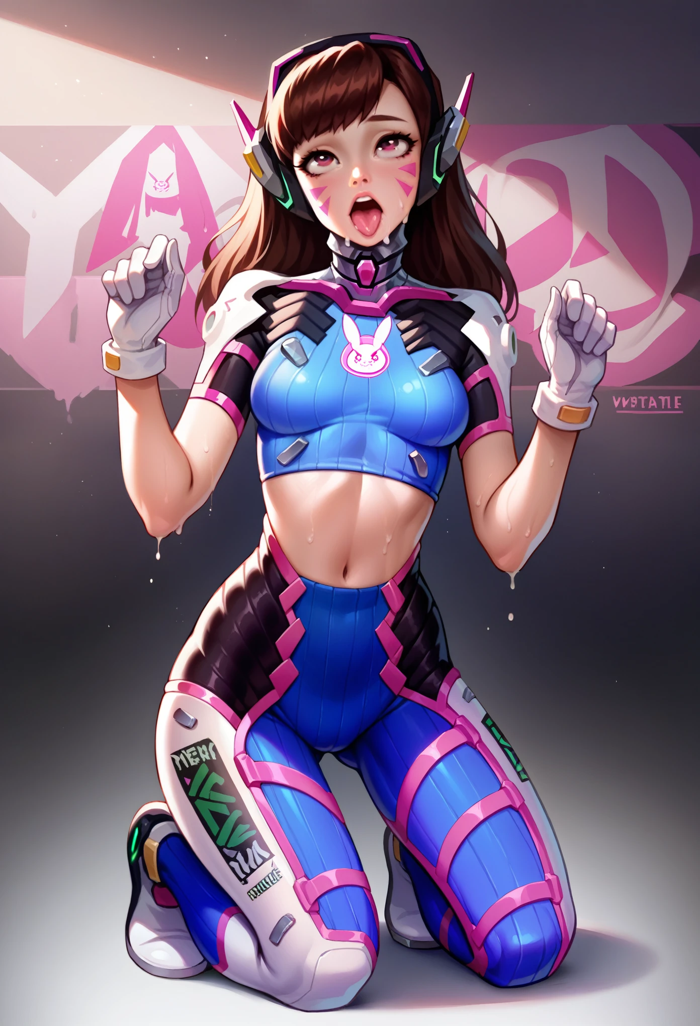 Masterpiece, Best Quality, High Resolution, 1Girl, Ultra High Resolution, Solo D.VA, Headphones, Pink eyes, Brown Hair, White Gloves, Face Decoration, Full Body Shot, Cute, Realistic, Cute Pose, Perfect Body, Cyber Punk background, wet street, Crop Top, Latex leggings, nsfw, cum, sexy, ahegao 