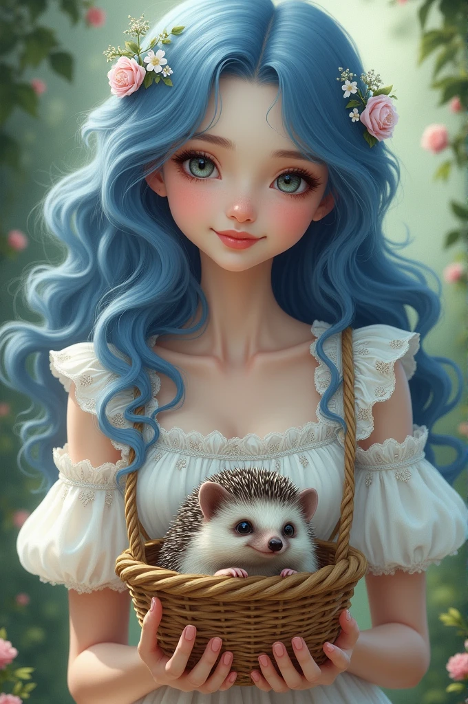 with long blue curly hair, smiling lips looking forward, wearing a white flowery princess dress, a hedgehog in a basket