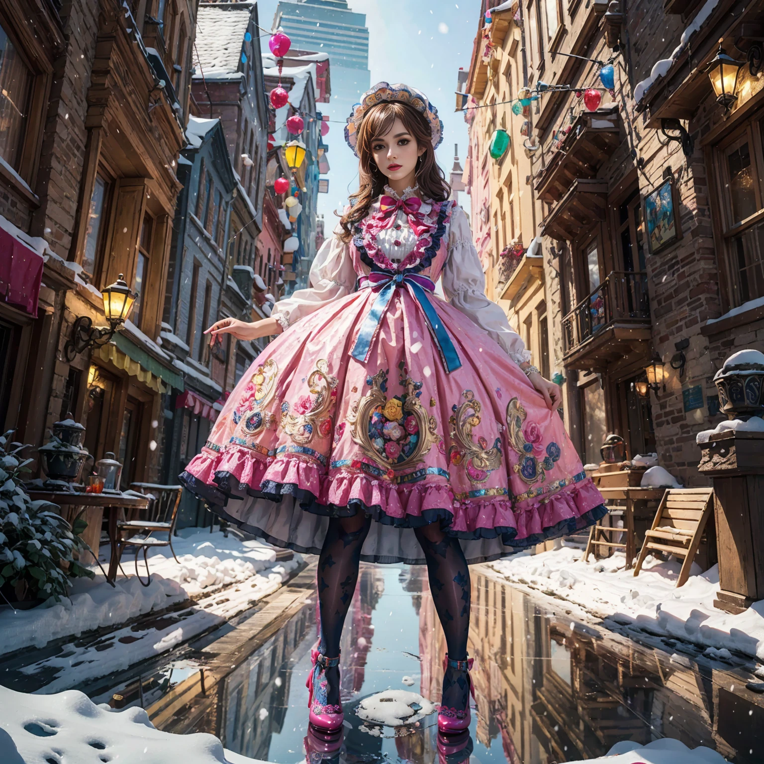 Model figure, long-legged woman, A woman in a luxurious and elaborate lolita dress, wearing lolita mary jane shoes with ornate details, patterned tights, standing on a snowy mountain, with reflective skin and reflective clothing, venusbody, full body shot, ray tracing, reflection light, chiaroscuro, UHD, masterpiece, anatomically correct, textured skin, super detail, high quality, 4K, highres